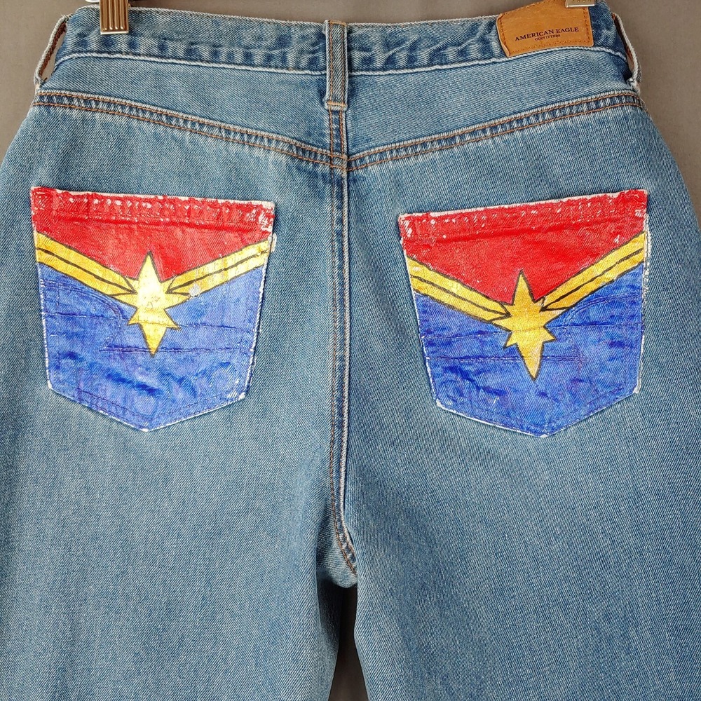 American Eagle Jeans Womens 4 Blue Mom Straight High Rise Denim Painted Pockets